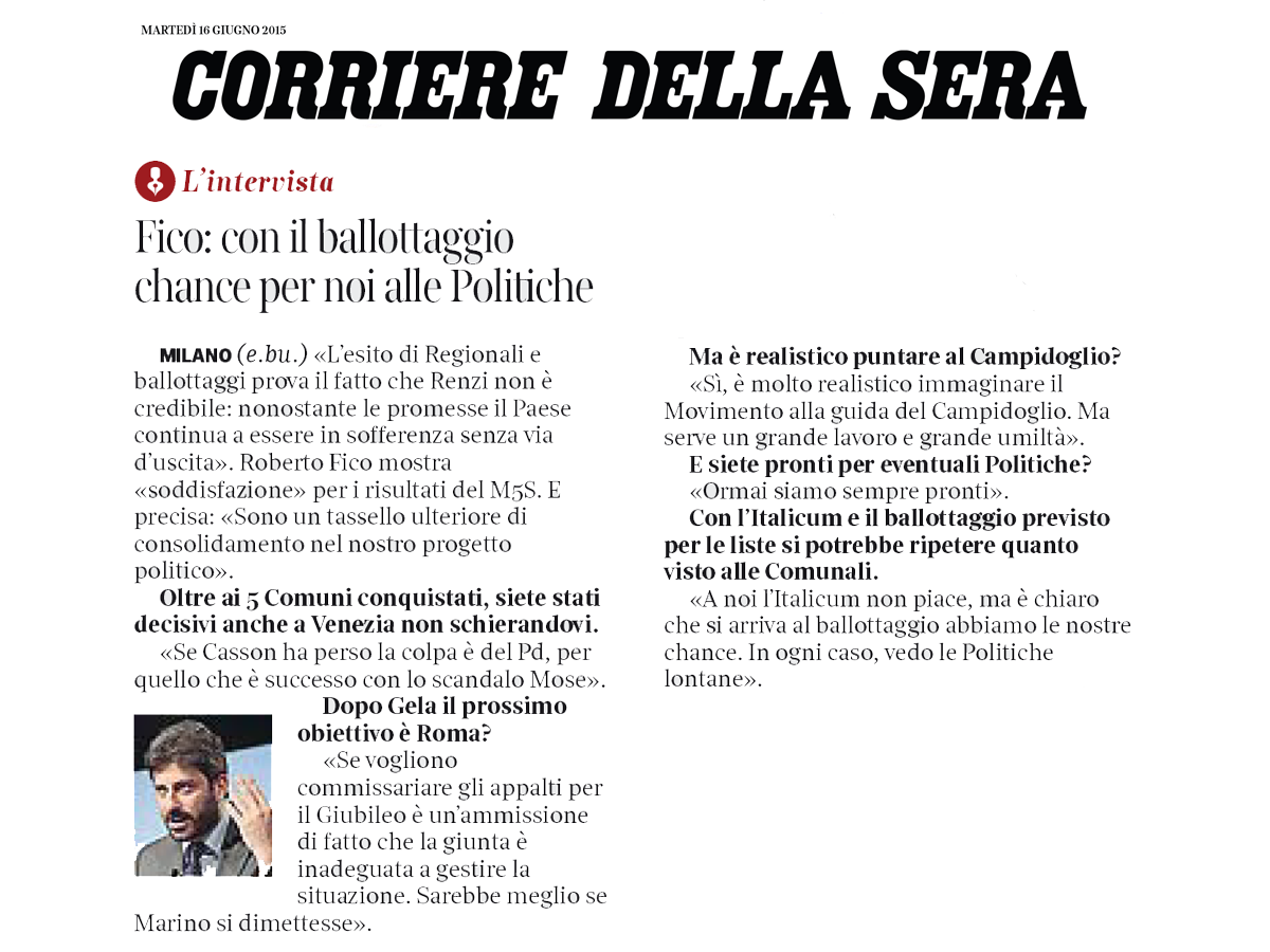 Corriere della Sera 16-06-15 intervista Roberto Fico